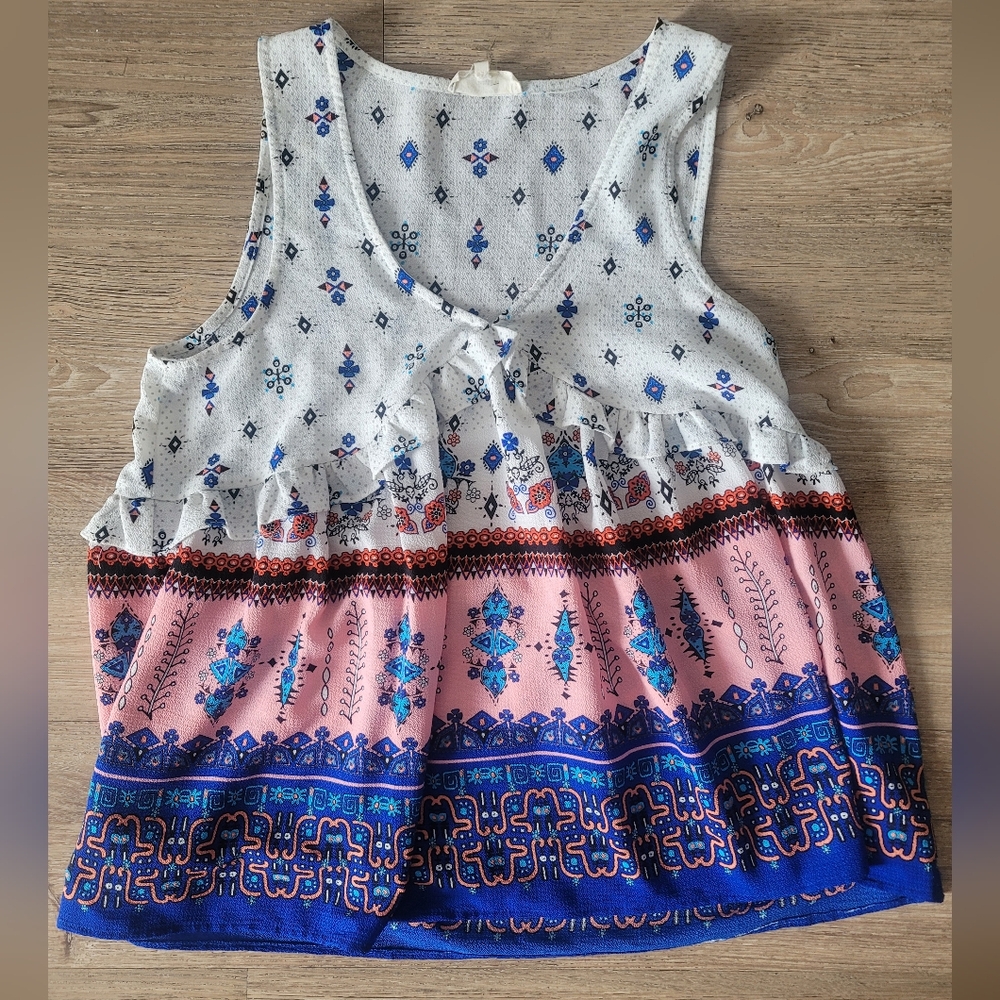 Floral Patterned Sleeveless Top - Pink and Blue Sz Medium